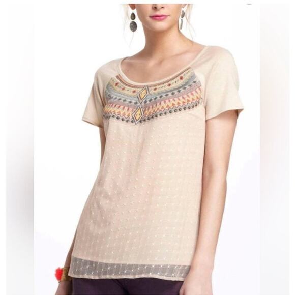 Anthropologie Lilka Embroidered Tulle Sequin Beaded Tee Top Womens Medium Boho - Picture 1 of 16